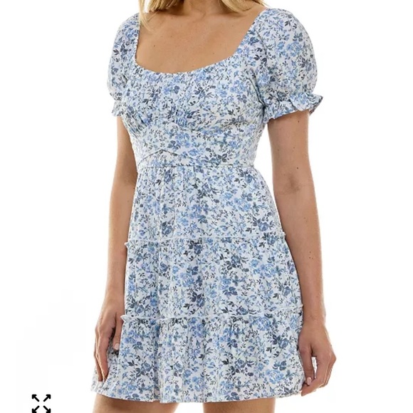 TRIXXI Women's Dress Blue White Floral Mini Puff Sleeve Cottagecore Size small - Picture 3 of 12